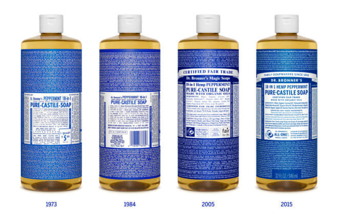 Famous Dr. Bronner labels over the years.