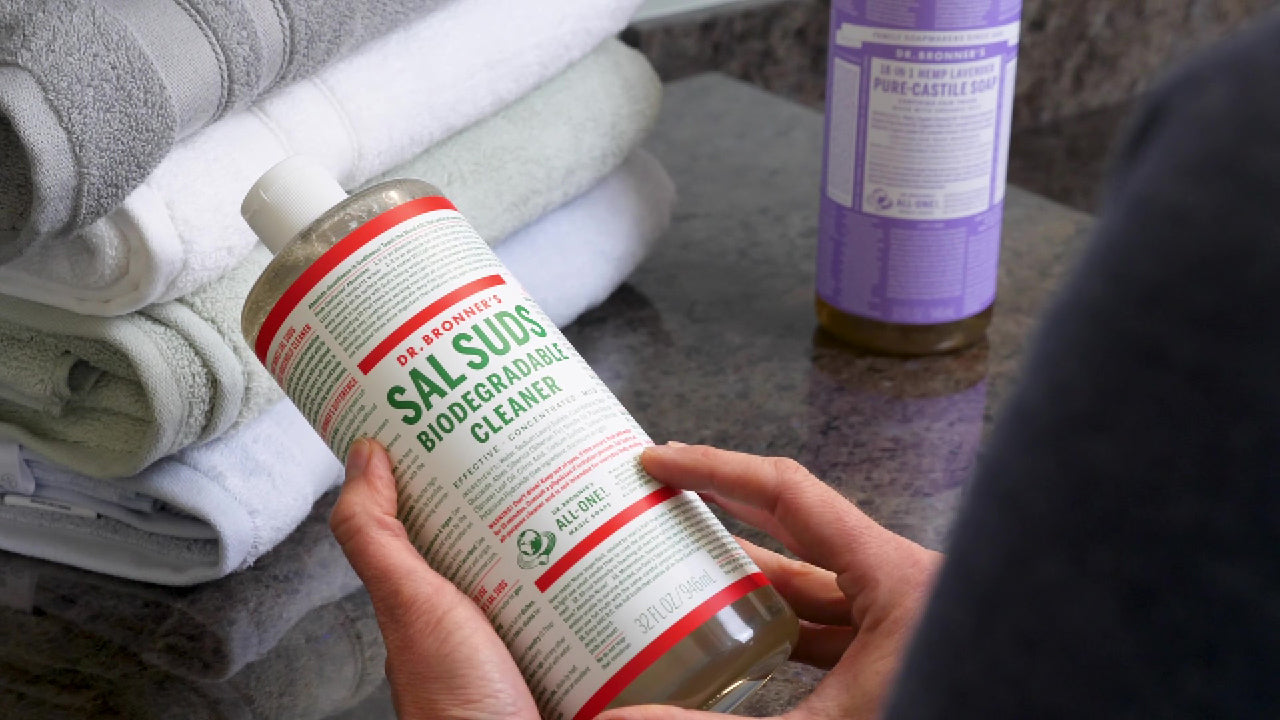 White, red, and green soap label.