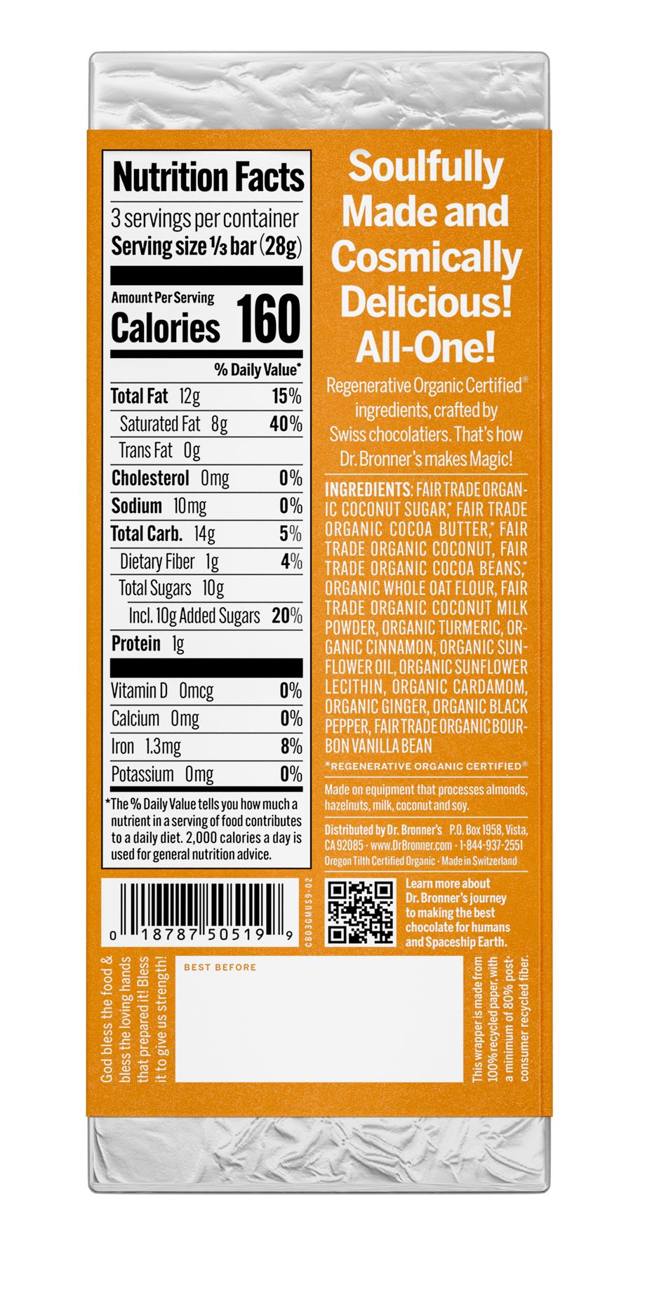 Dr. Bronner's Magic All-One Chocolate - Golden Milk Chai US-Oat Milk Chocolate-2.93oz-Golden Chai-Back_1.png__PID:c64c8ba9-f5ad-48d6-a317-5f1008ae0eb7